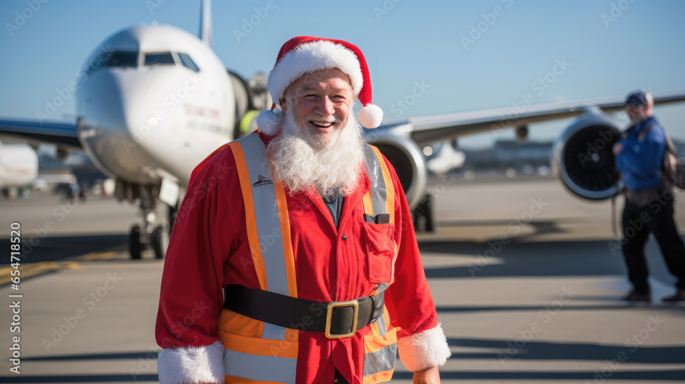Generative AI, cheerful Santa Claus smiling against the background of a large passenger plane on the runway at the airport, new year, birth, holiday travel, air transport, fairy-tale character, winter Generative AI, cheerful Santa Claus smiling against the background of a large passenger plane on the runway at the airport, new year, birth, holiday travel, air transport, fairy-tale character, winter
