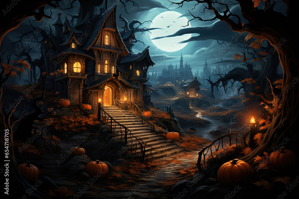 Obraz premium Photo of a spooky Halloween scene with pumpkins on a staircase. Mystic house