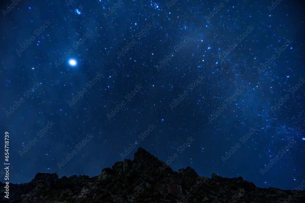 夜の那須岳(茶臼岳)の岩山の上に輝く満天の星空と天の川