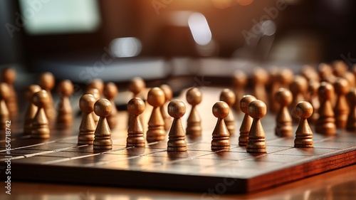 Strategic fun: wooden figures on a wooden board with selective focus
