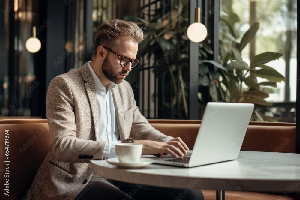 Handsome man with a laptop works in cafe. AI generated Handsome man with a laptop works in cafe. AI generated