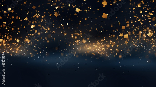 Abstract background with gold stars, particles and sparkling on navy blue. Christmas Golden light shine particles bokeh on navy blue background. 2024 New year background. Gold foil texture photo