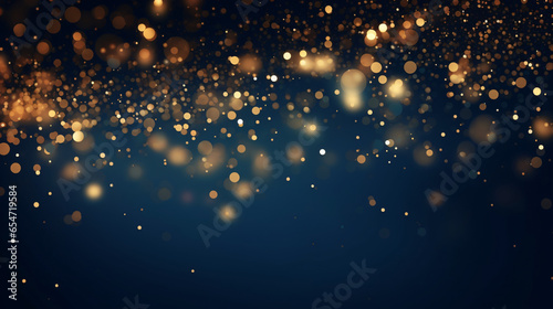 Abstract background with gold stars, particles and sparkling on navy blue. Christmas Golden light shine particles bokeh on navy blue background. 2024 New year background. Gold foil texture © Karol