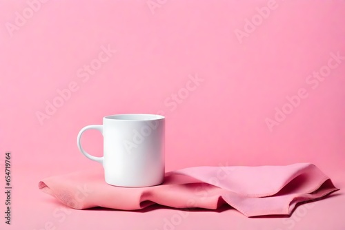 Mockup white coffe cup or mug on a pink background with copy space. Blank template for your design, branding, business. Real photo