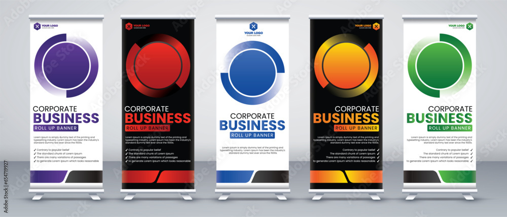business roll up banner design set in purple, red, blue, yellow and green print ready colors with light and dark modes - obrazy, fototapety, plakaty 
