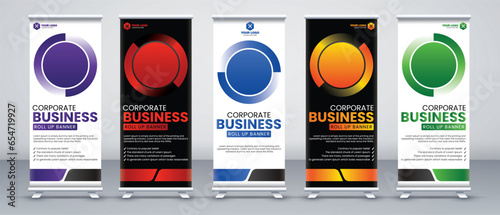 business roll up banner design set in purple, red, blue, yellow and green print ready colors with light and dark modes
