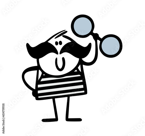 Strong stickman in a striped suit and a big black mustache performs in a circus. Vector illustration of an actor holding a heavy kettlebell or dumbbell with one hand.