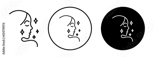 Skin care icon. Young woman or lady face outline symbol set. Girl head with cleanser vector. Skin care treatment for hygiene line sign. Women facial care or beauty cosmetic and makeup shine logo.