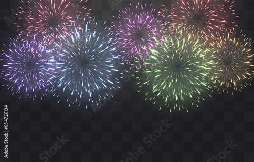 Vector festive fireworks isolated on png. New Year's Eve fireworks with brightly shining sparks. Realistic sparks and explosions. Colorful pyrotechnics show. Vector isolated on png background.
