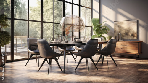 A chic and modern dining room with a glass-top table and elegant black leather chairs photo