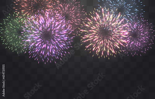 Vector festive fireworks isolated on png. New Year's Eve fireworks with brightly shining sparks. Realistic sparks and explosions. Colorful pyrotechnics show. Vector isolated on png background.