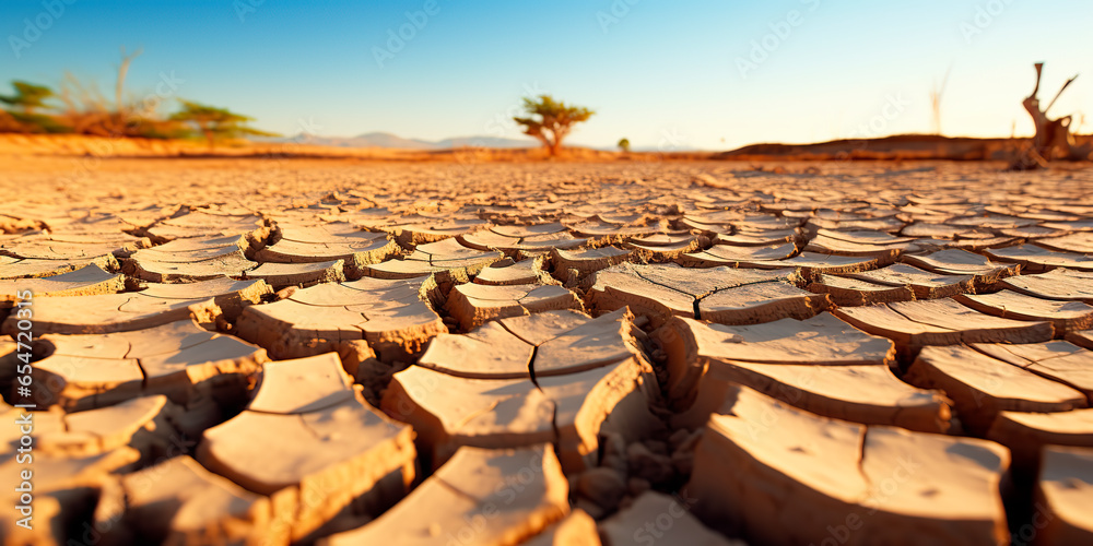 Fototapeta premium Dried land in the desert. Cracked soil crust. climate change