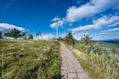 Transmission mast and wind turbine on the Hornisgrinde mountain in the Black Forest. Baden Wuerttemberg, Germany, Europe photo