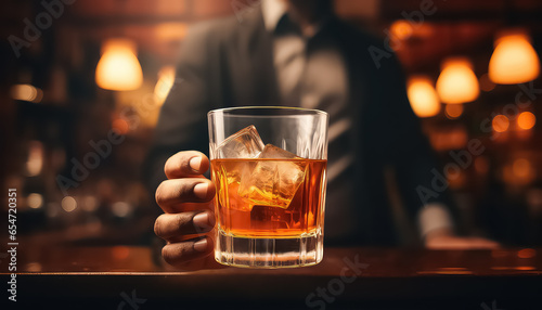 hand holds a whiskey glass in front of a bar background