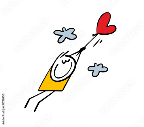 Cartoon loving stickman holds on to a rope from a heart-shaped balloon and soars in the sky among the clouds. Vector romantic illustration of boy in love.