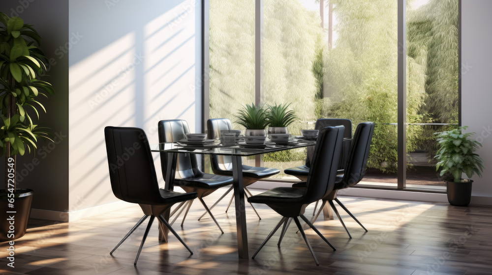 A chic and modern dining room with a glass-top table and elegant black leather chairs