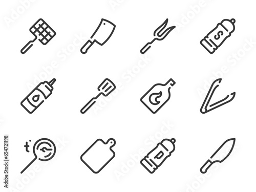 Grill Accessories and Barbecue Equipment vector line icons. Cooking Appliances outline icon set. Grill Basket, Tongs, Thermometer, Spatula, Ignition Fuel, Cutting Board and more.
