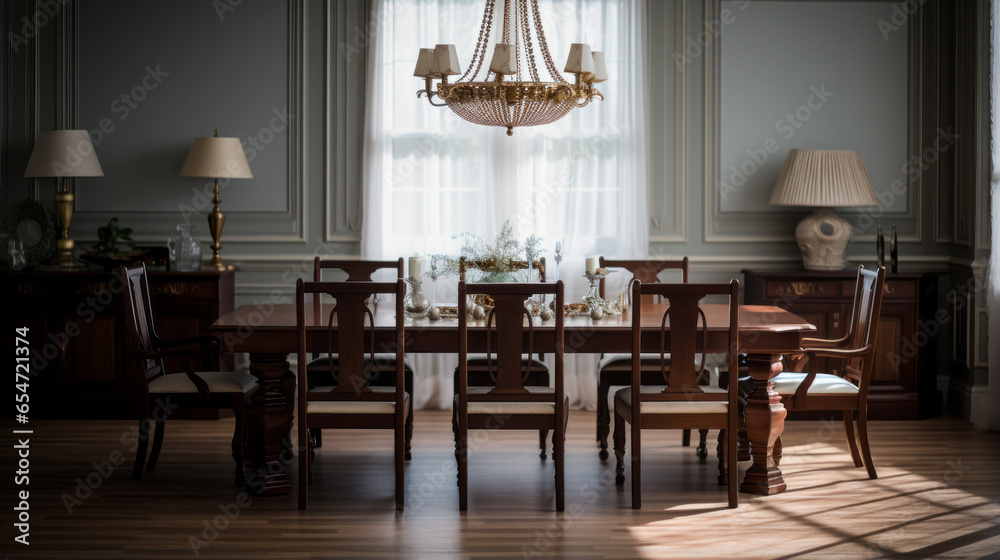 A classic dining room with a mahogany table, a chandelier, and tufted dining chairs - obrazy, fototapety, plakaty 