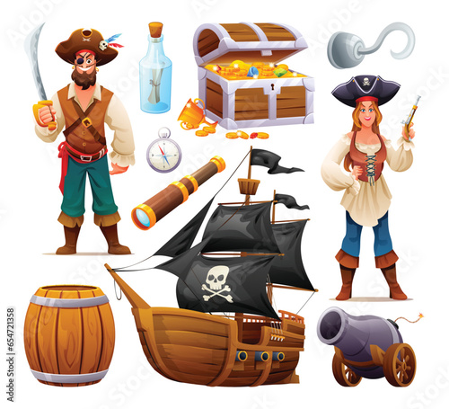 Set of pirate characters, spyglass, barrel, treasure chest and ship. Pirate elements vector cartoon illustration