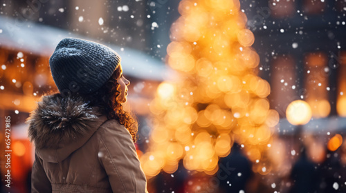 A side profile of girl child standing next to a Christmas tree in the city, snow in the city square, christmas market, winter season, happy holidays