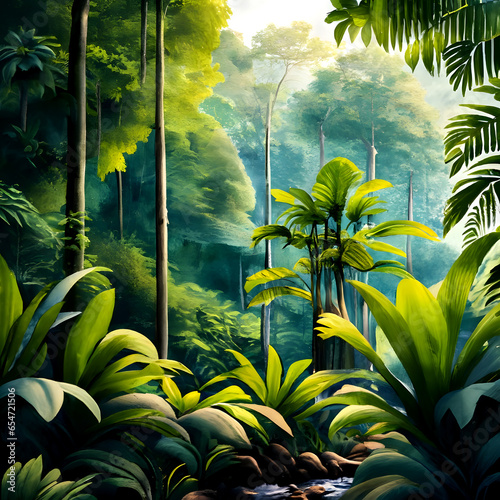 Rainforest, ecology, nature, bio-diversity background. Water color drawing of tropical rain forest. 