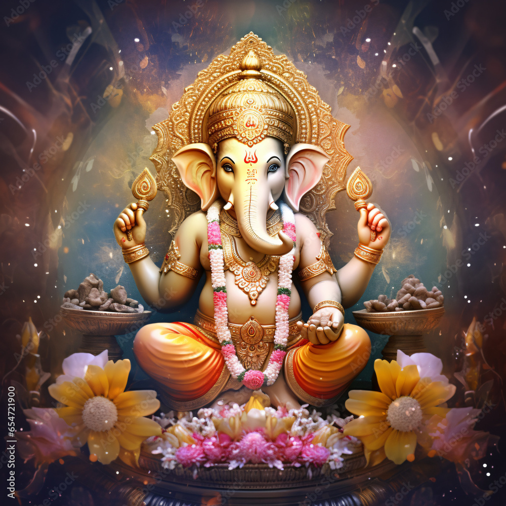 Illustration of Ganesh Hindu God with flowers oil