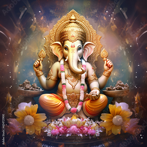 Illustration of Ganesh Hindu God with flowers oil