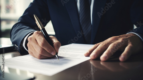 Close up of a Businessman signing a contract with a luxury ink pen photo