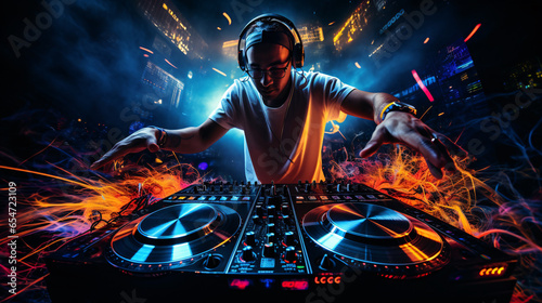 dj in the nightclub, DJ Playing Upbeat music, image for a flyer