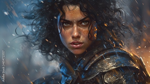 Portrait of a young curly haired warrior woman in a medieval/fantasy armor during battle.