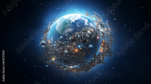 Fototapeta Naklejka Na Ścianę i Meble -  Earth is surrounded by space junk from spaceships and satellites, outer space view, Space junk concept