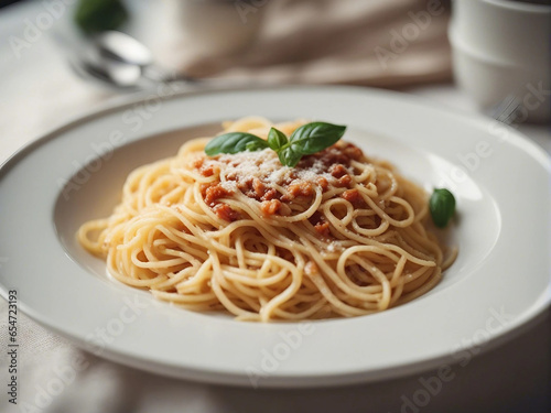 spaghetti with pesto sauce and fresh basil leaves in white shinny plate, blurry background with soft natural light 