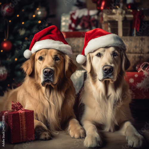 dogs in santa hats by christmas tree, generative ai