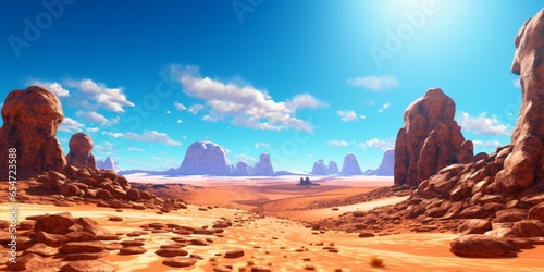 A vast, Arid Desert with Blue Skies. Rocky Desert Landscape