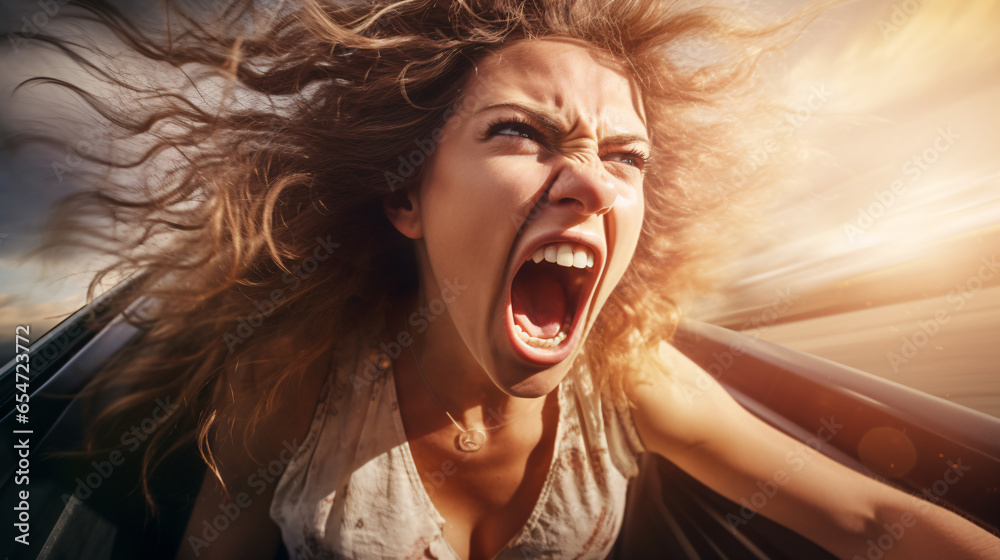 Aggressive woman driving car shouting at camera - woman yelling in anger - rode rage concept - obrazy, fototapety, plakaty 