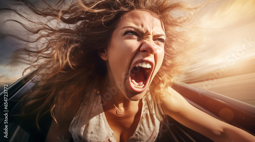 Aggressive woman driving car shouting at camera - woman yelling in anger - rode rage concept photo