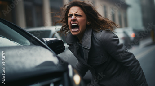 Aggressive woman shouting to a car driver - Angry woman yelling in a traffic  - rode rage concept photo