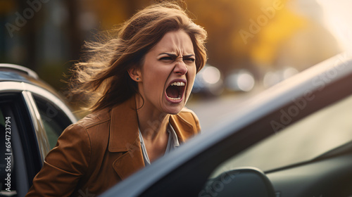 Aggressive woman shouting to a car driver - Angry woman yelling in a traffic to another taxi - rode rage concept photo