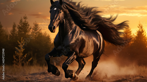 majestic black horse running full stride in a beautiful evening - black stallion running in the wild 