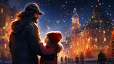 A father and child in the city square at night with a lit up Christmas tree in the background, winter season, happy holidays