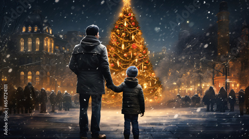 A father and child in the city square at night with a lit up Christmas tree in the background, winter season, happy holidays photo