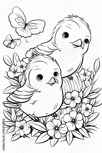 Coloring book of cute bird with flowers. Black and white pattern coloring page for kids