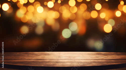 bokeh light background with a empty wooden table -presentation mockup