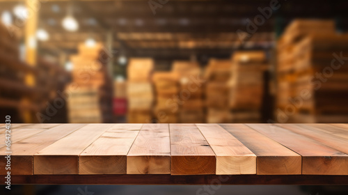 Empty wooden table in a blurred warehouse background