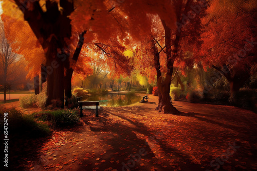 Fantasy autumn park in october and november, red fall. AI generative