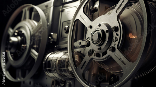 A close-up of a retro film projector's reels and lenses, evoking a sense of nostalgia