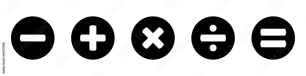 Basic mathematical icon, basic mathematical symbol. Set of mathematical symbols: plus, minus, multiplication, division, equals. Isolated vector illustration on a white background. Basic mathematical icon, basic mathematical symbol. Set of mathematical symbols: plus, minus, multiplication, division, equals. Isolated vector illustration on a white background.
