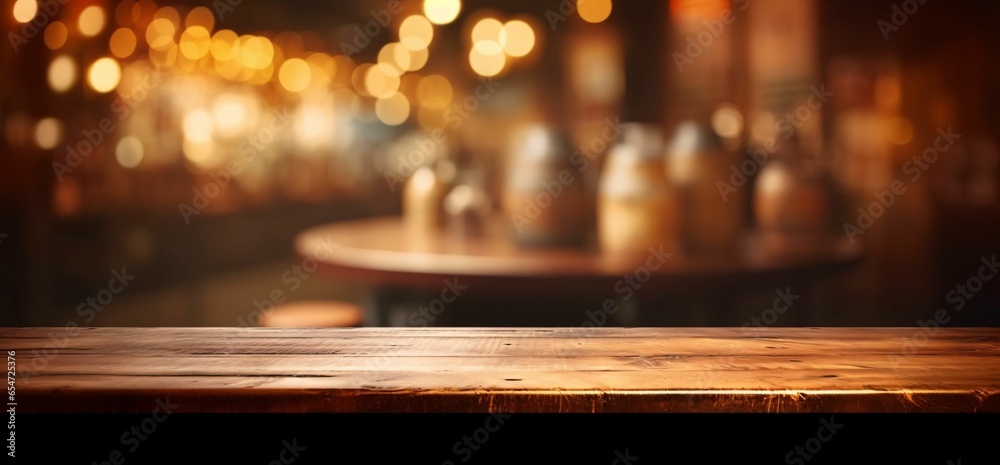 Empty Wooden Table with Bokeh Cafe Background and Golden Lights
