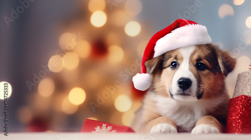 Cute dog with Santa hat and christmass gifts at the bokeh background banner, copy space