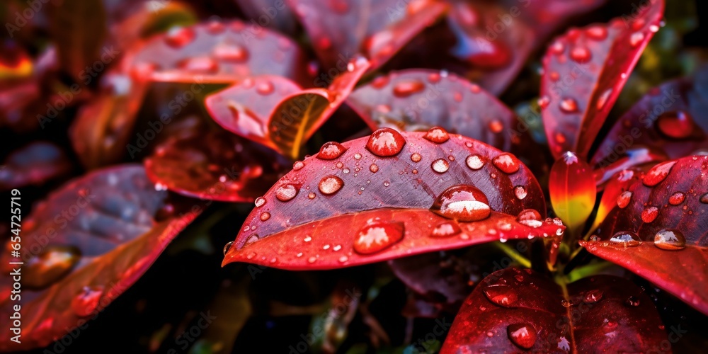 Fresh Red Leaves with Water Droplets. Close Up of Leaf with Raindrops